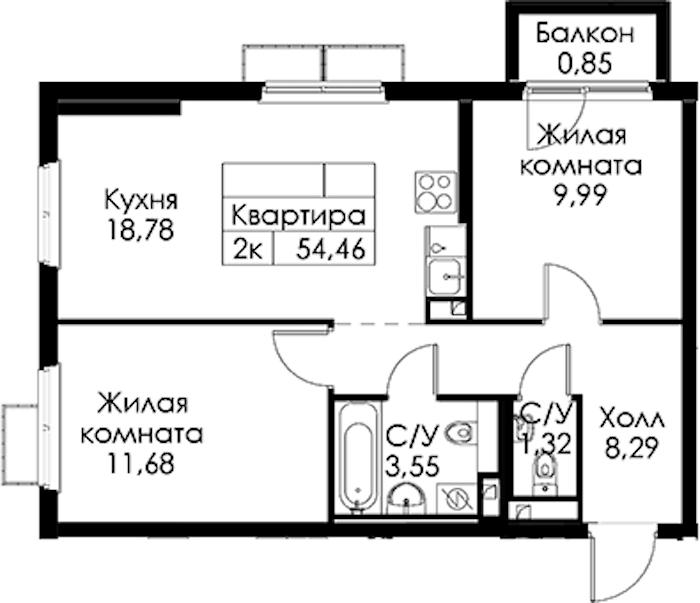 2-комнатная квартира 54.46 м², 9/15 эт., ЖК «Янинский лес»